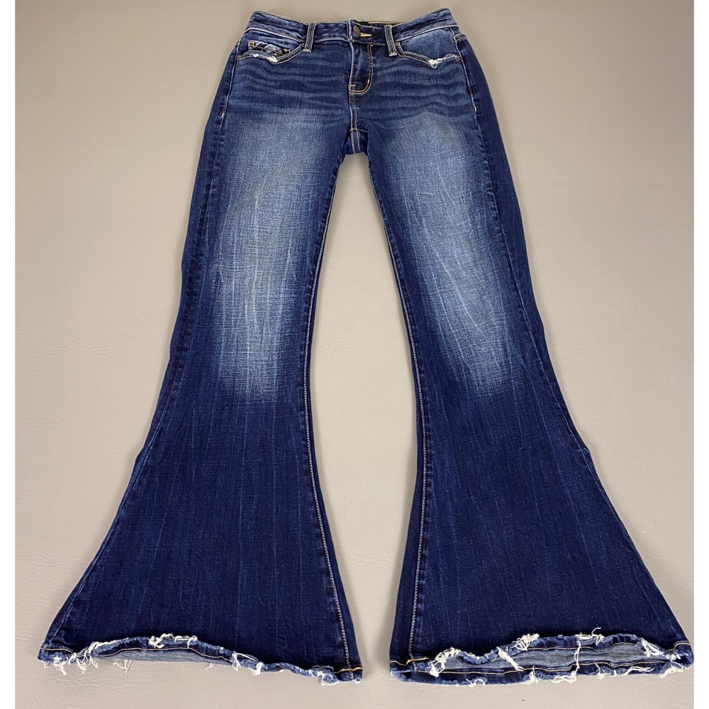 Buckle Black Super Flare Jeans Women's 25x30 Fit No 53  Dark Wash Distressed Hem